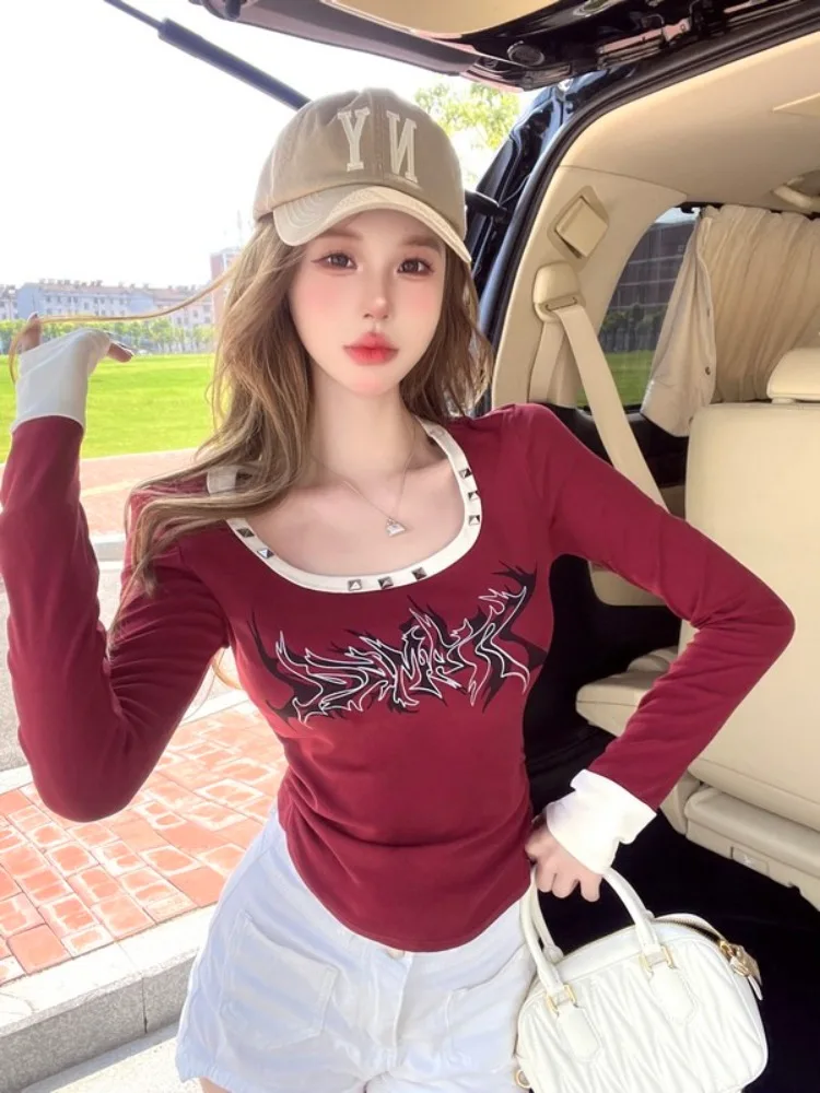 

American Style Sexy Retro Design round Neck Splice Long Sleeve Top Women's Autumn Slim Fit Base Shirt Commute Style Short Length