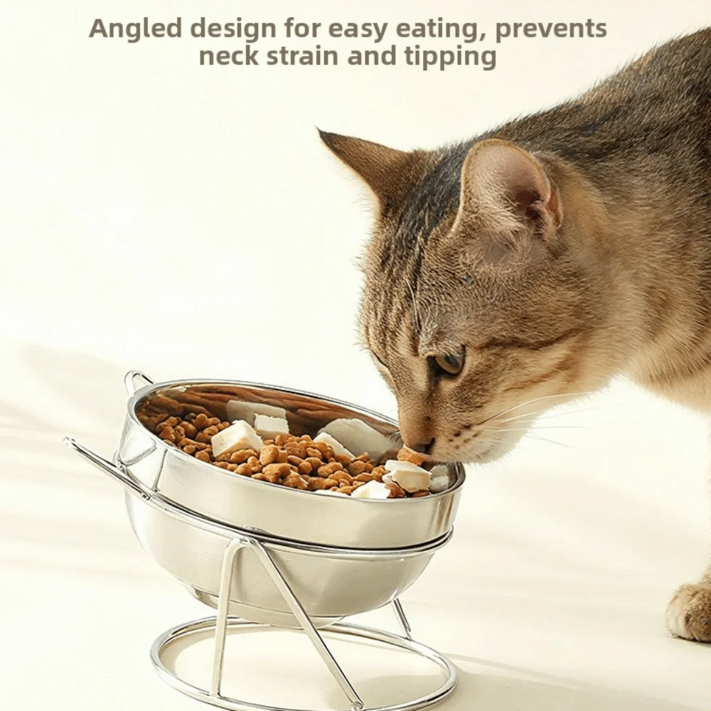 Stainless Steel Cat Bowl With Stand Fall-Resistant With Stand Drinking Bowl Neck Protection Anti Overturning