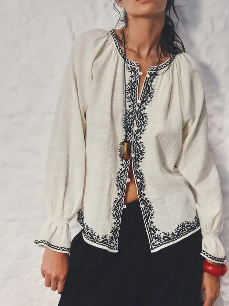 

European and American style women's clothing new style fashionable temperament versatile contrast color embroidered shirt