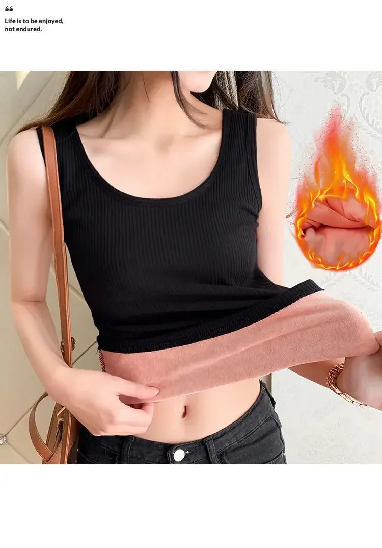 Camiseta térmica de invierno para mujer, sin costuras, con forro de terciopelo, sin mangas, chaleco cálido, camiseta interior para mujer, de color liso, lencería sexy.