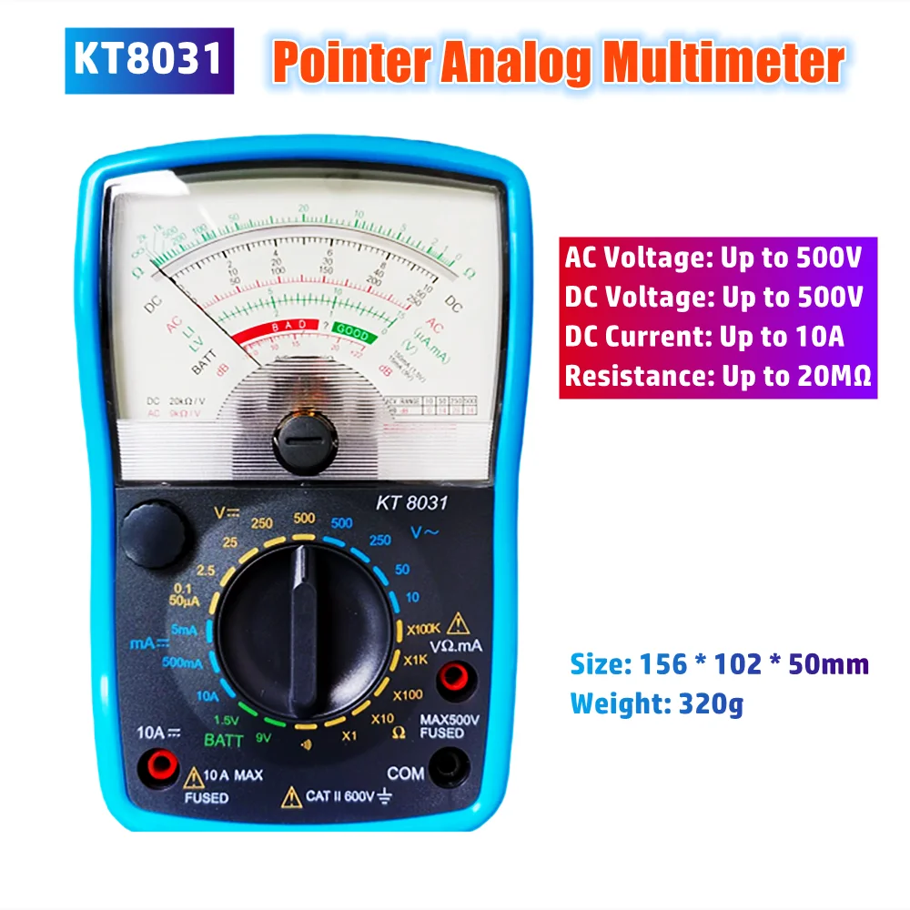 

KT8031 High Precision Pointer Display Analog Multimeter AC/DC 500V 10A 20MΩ High Sensitivity Handheld Analog Multimeter