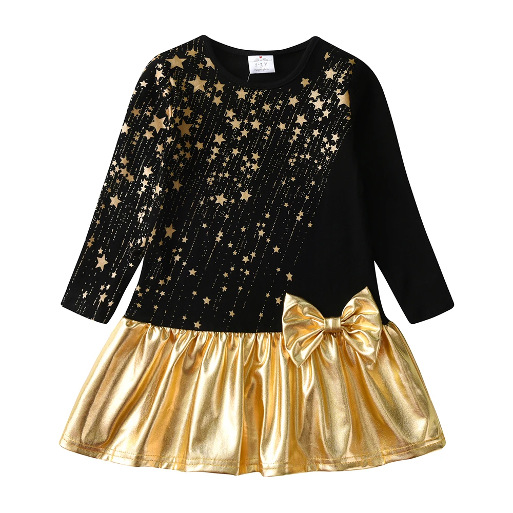 DXTON 2024 Christmas Girls Dress With Bow Star Sequin Children New Year Party Clothes Patchwork Cotton Winter Kids Baby Dresses