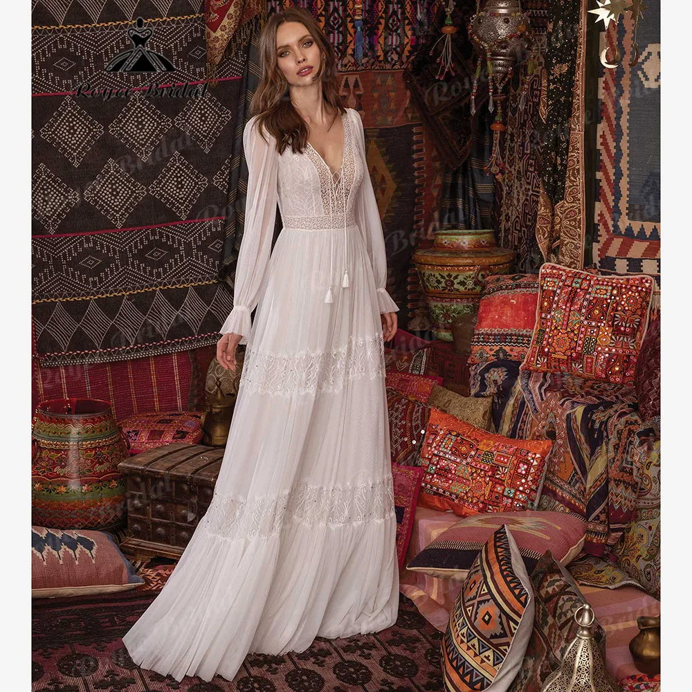 Sexy V-Ausschnitt böhmischen Langarm Chiffon Spitze Boho Brautkleid für Frauen 2024 Brautkleid Custom ize Vestido de Novia Bohemio