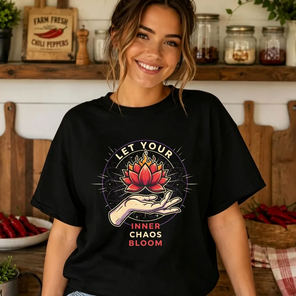 Let Your Inner Chaos Bloom Hand Lotus Flower Graphic T Shirt Spiritual Zen Meditation Women Retro Circle Print Loose Cotton Tees