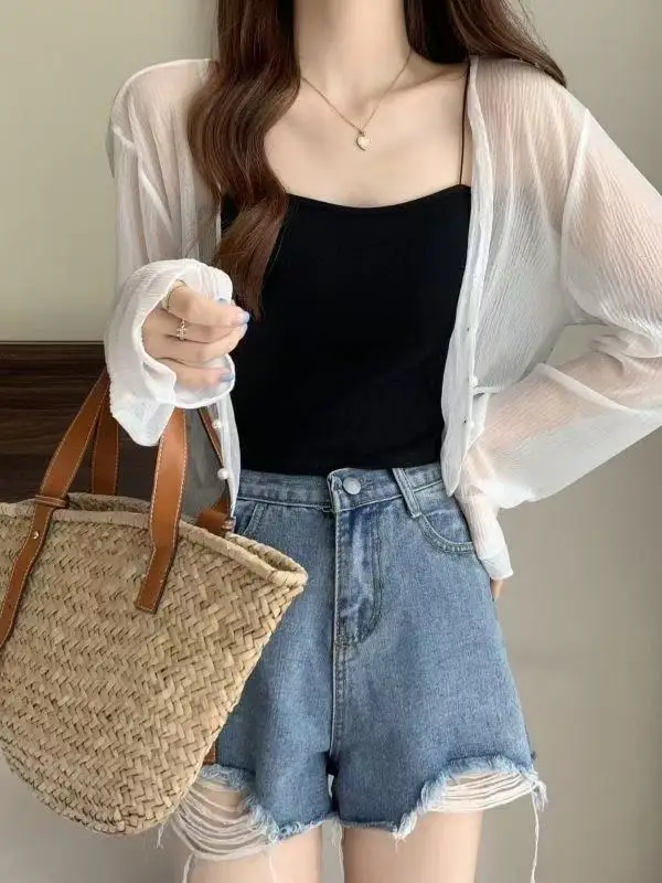 เสื้อคลุมไหมน้ำแข็งถักน้ำหนักเบา ป้องกันแสงแดด สำหรับผู้หญิง ใส่คลุมในฤดูร้อน ระบายอากาศดี แต่งลูกไม้ คอวี สีพื้น