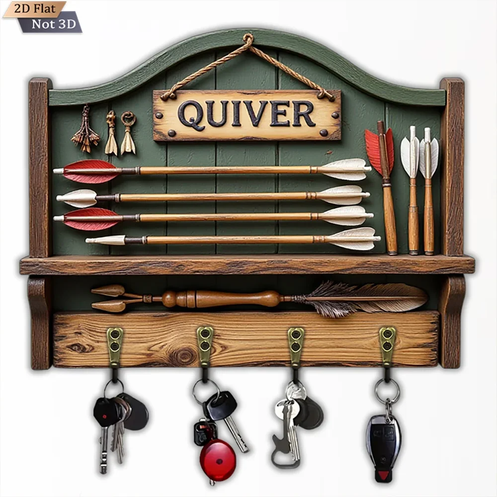 2D Flat, 1pc, Vintage Wooden Quiver-Shaped Key Hook, Multifunctional Wooden Home Key Hook with Four Metal Hooks, Wall