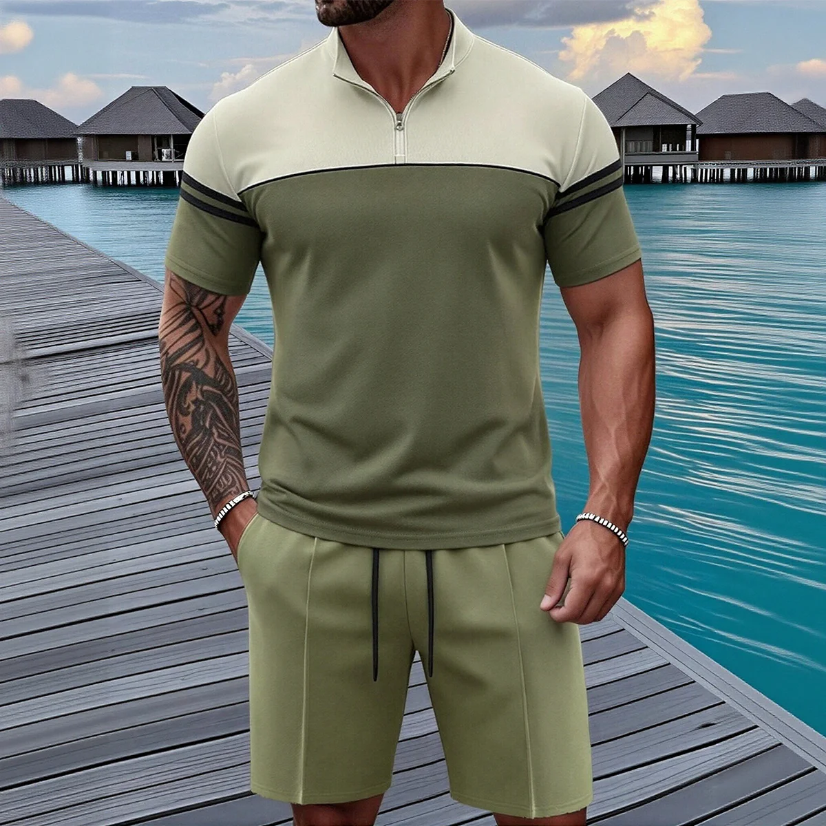 Mens Black White Two Tone Stand Collar Half Zip Sports Shirt with Black Drawstring Shorts Casual Athletic Outfit