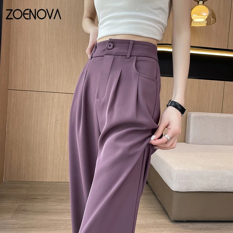 

ZOENOVA Summer Fashion Women's Thin Business Casual Ice Silk Pants Office Ladies High Waist Slim Wide Leg Straight Suit Trousers