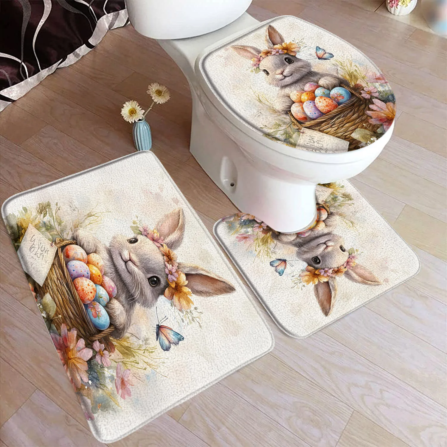 Cute Bunny Easter Bath Mat Set Purple Lavender Floral Butterfly Rabbit Eggs Home Bathroom Decoration Non Slip Rugs Toilet Cover