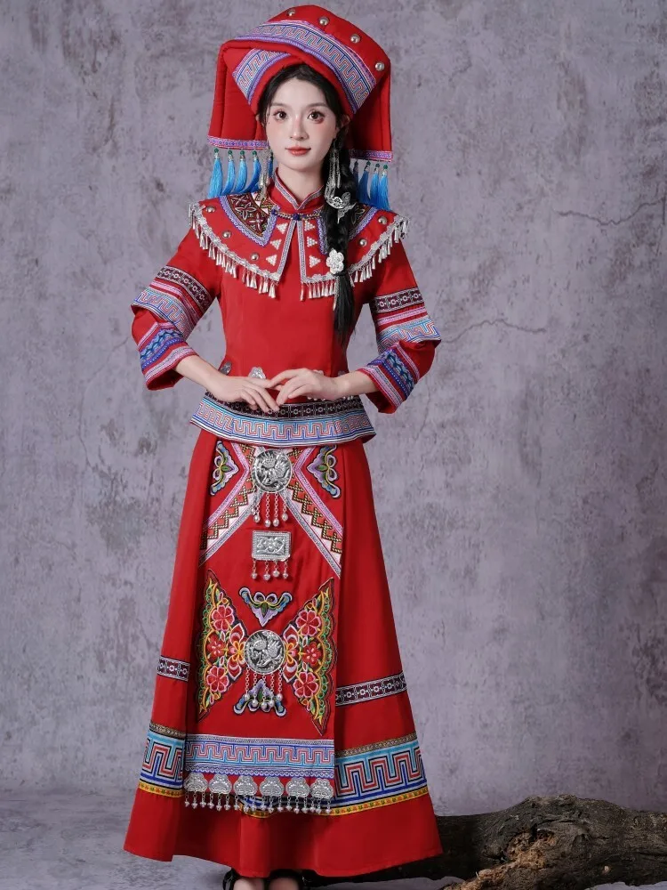 

Exotic women's formal dress Zhuang brocade embroidered performance long