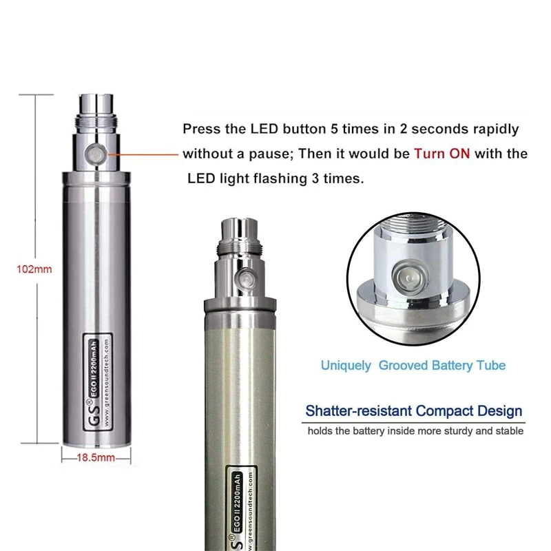 GS eGo II Prime Passthrough-Batterie 2200mAh avec chargeur micro USB astronomique, E Laguna ette pour Evod 510 CE4 H2, Atomiseur précieux, Kit Vape