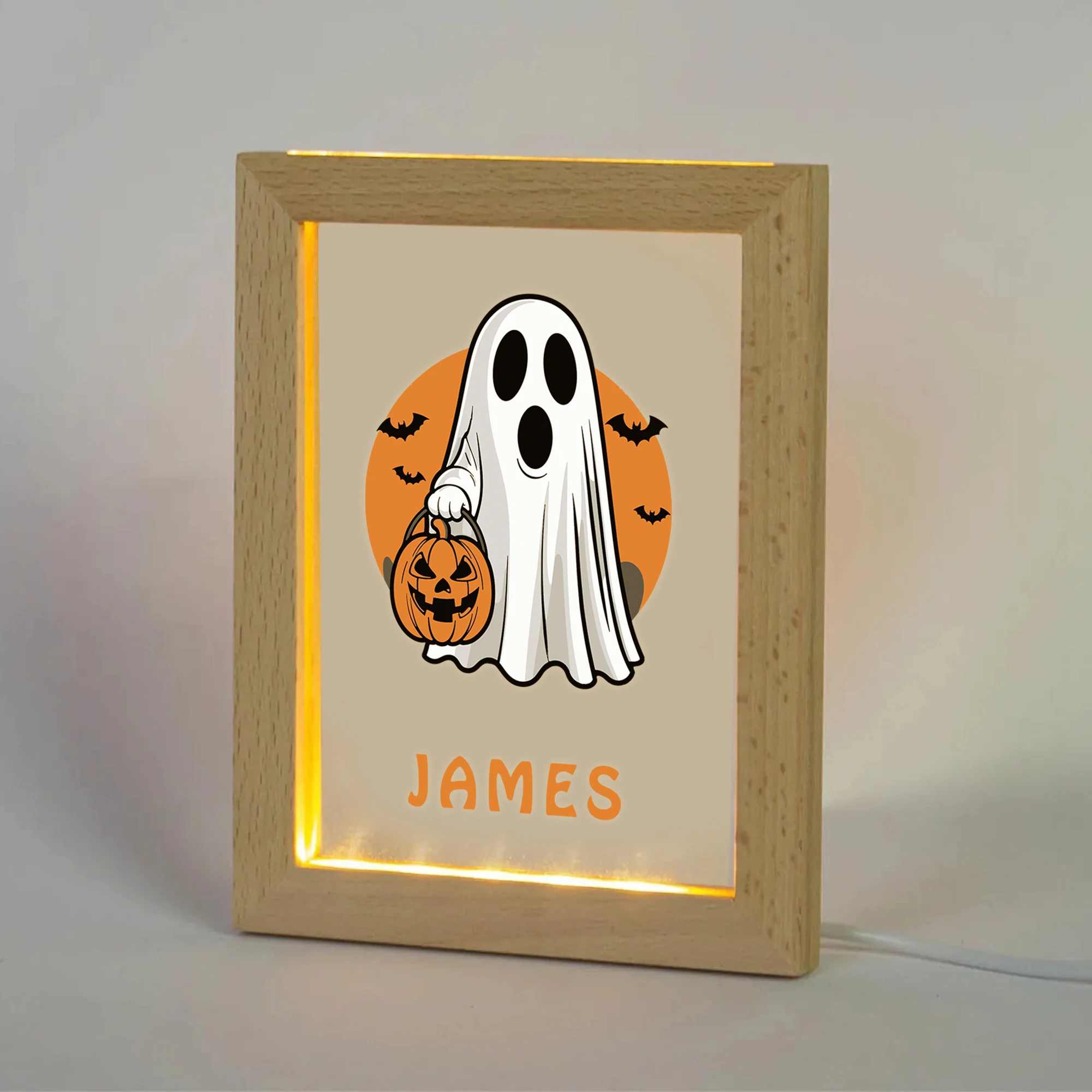 2D плоское индивидуальное имя призрак Джек-фонарь светодиодный акриловый ночник деревянная фоторамка 21x17 см подарки для спальни на Хэллоуин домашний декор