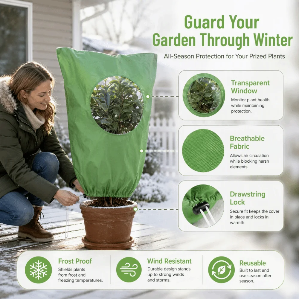 Non-Woven Fabric Plant Frost Protection Cover with Transparent Window Breathable Plant Anti-Freeze Cover Drawstring