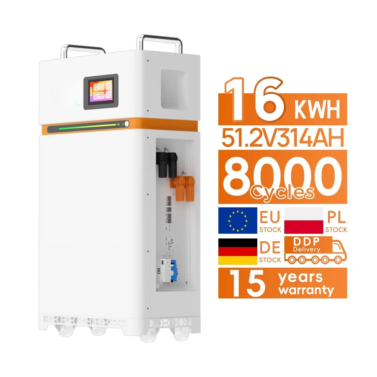 EU PL Stock 51.2V 314Ah 16KWh LifePO4 Lithium Solar Batteries Built in 200A BMS Home Energy Storage Power Supply Bluetooth 48V