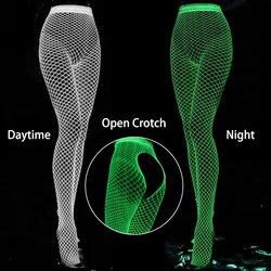 Meias arrastão luminosas para mulheres, meia-calça virilha aberta, leggings em movimento, collants perspectiva, lingerie escura brilho, flash, gótico