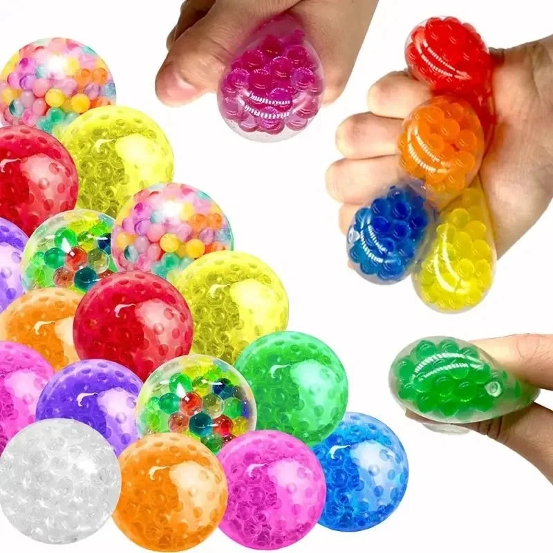 Kid Adult TPR Hand Squishy Ball with Net Rainbow Slime Glow Stress Relief Toy Squeeze Mesh Glitter Gel Bead Sensory Fidget Gfit