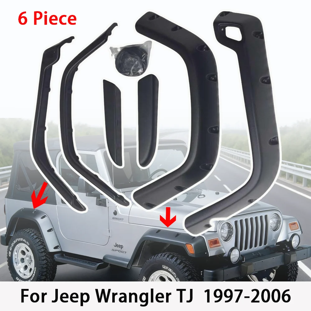 6 шт. для Jeep Wrangler TJ 1997-2006, комплект расширителей крыльев для тяжелых условий эксплуатации, прочные удлинители колесной арки, брызговики для бездорожья 4x4