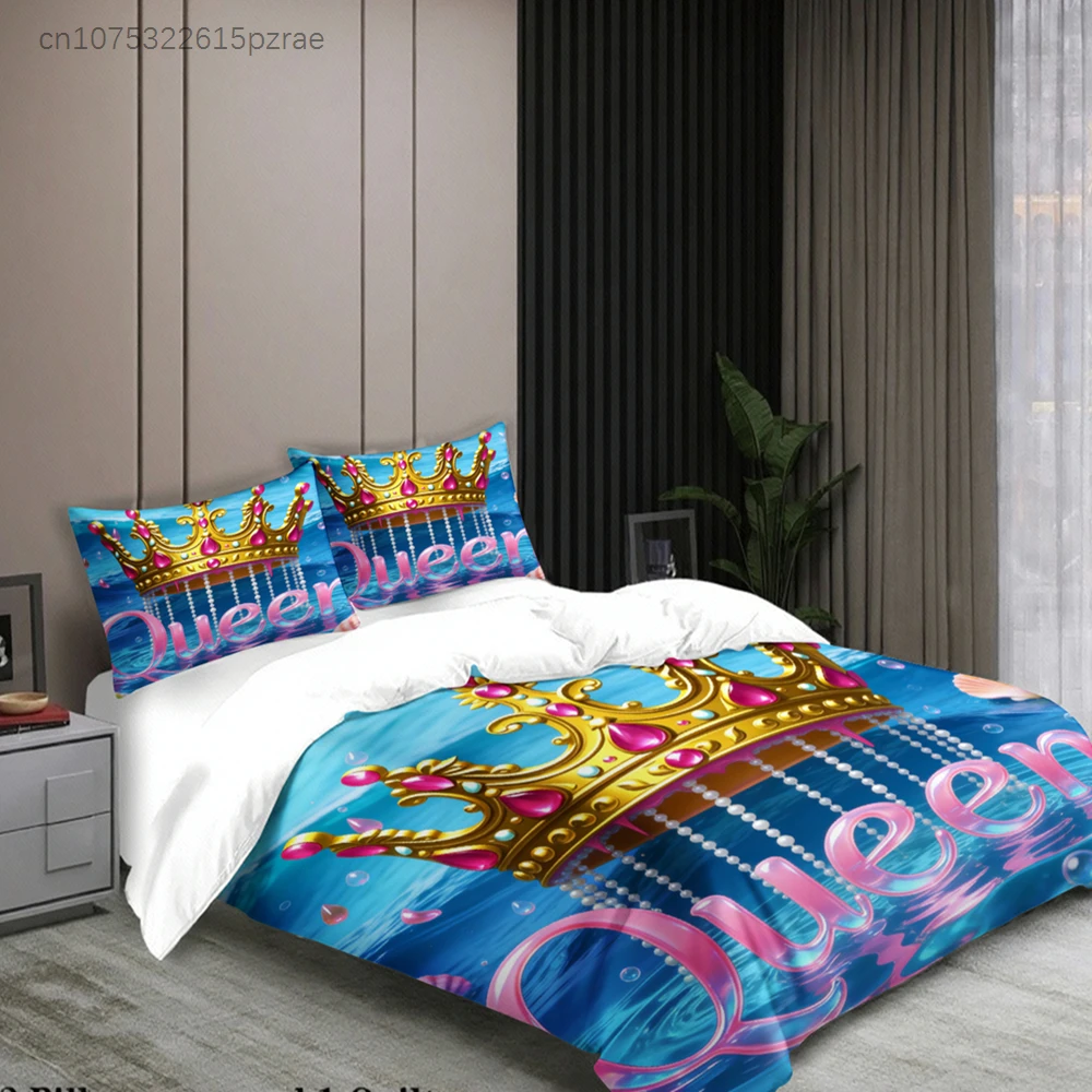 Queen And King  Bedding Set Black Gold Crown Print Bedding With Duvet Cover Pillowcases For Couples Bedroom