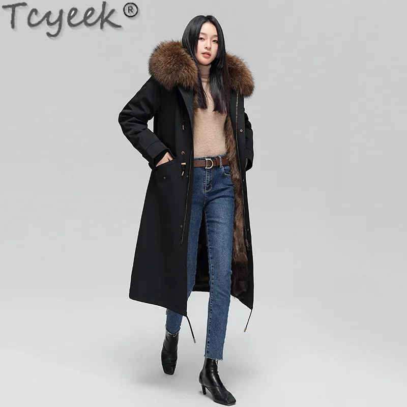 Tcyeek-Parka com capuz de pele de guaxinim real feminina, jaqueta Fox Liner destacável, roupa feminina, preta, quente, moda, inverno