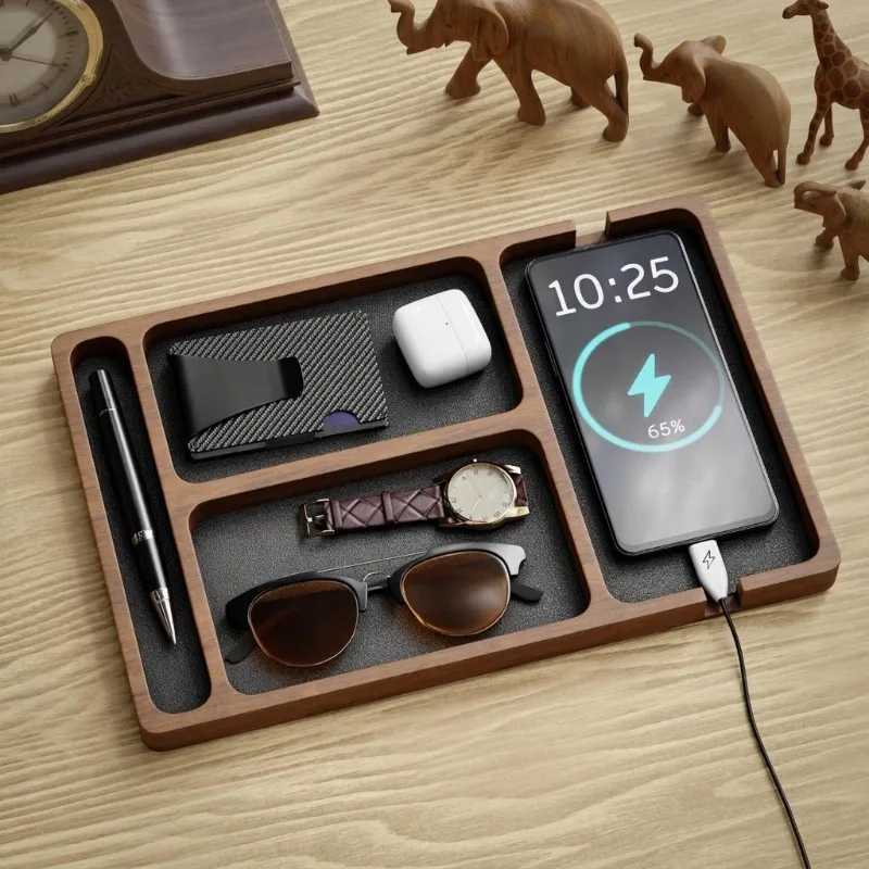 Bandeja Organizadora de Madera de Acacia Premium para Hombre, Organizador de Escritorio Multiusos, Bandeja para Teléfono, Reloj, Gafas, Cartera, Bandeja de Regalo