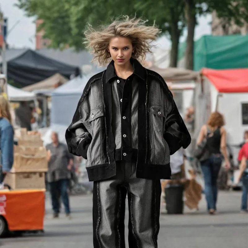 

Женская осенняя модная высококачественная однобортная джинсовая куртка нейтрального стиля с цветными блоками, индивидуальный топ