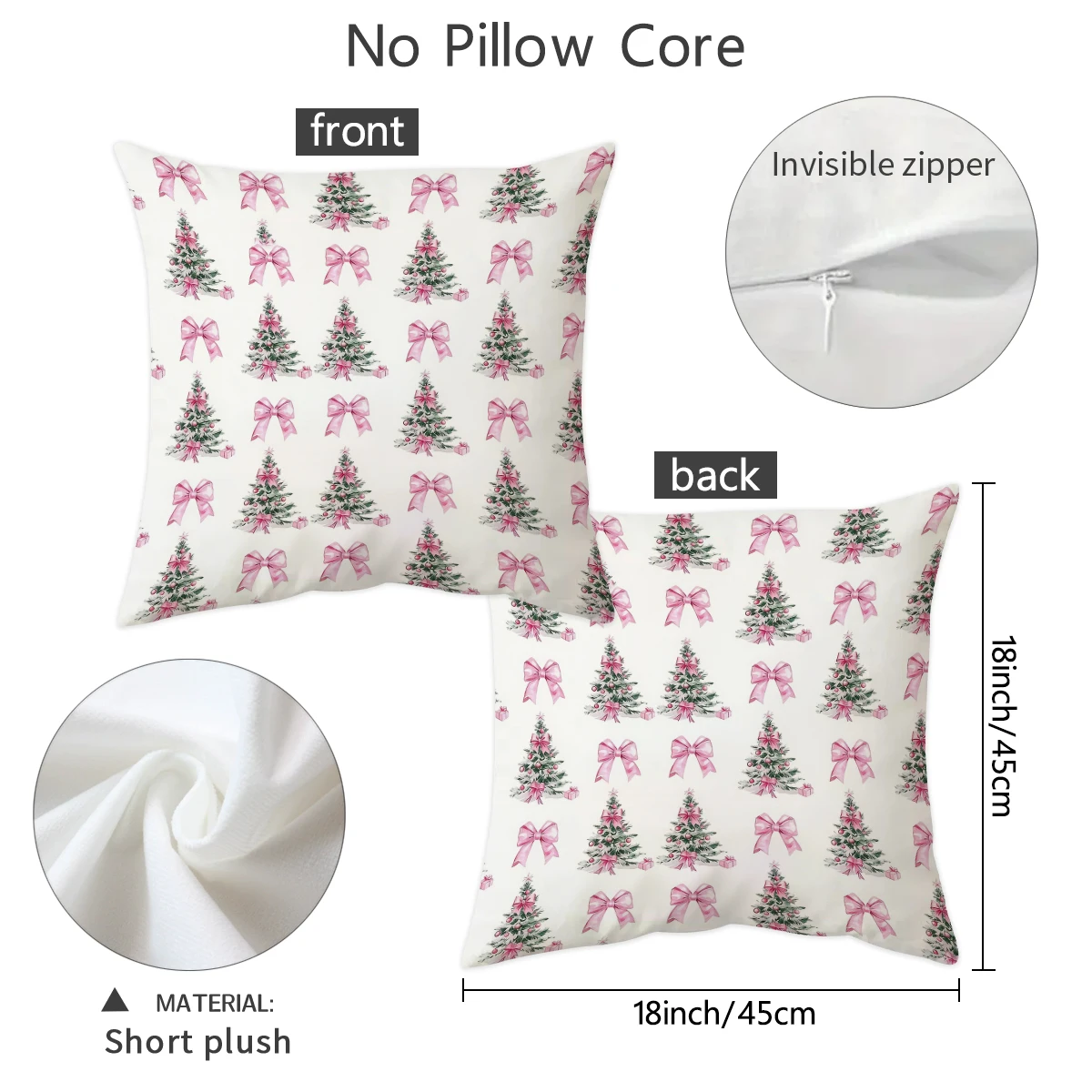 1/2pcs pink bow Christmas tree hugging pillowcase, double-sided short plush cushion cover, soft and skin friendly short plush