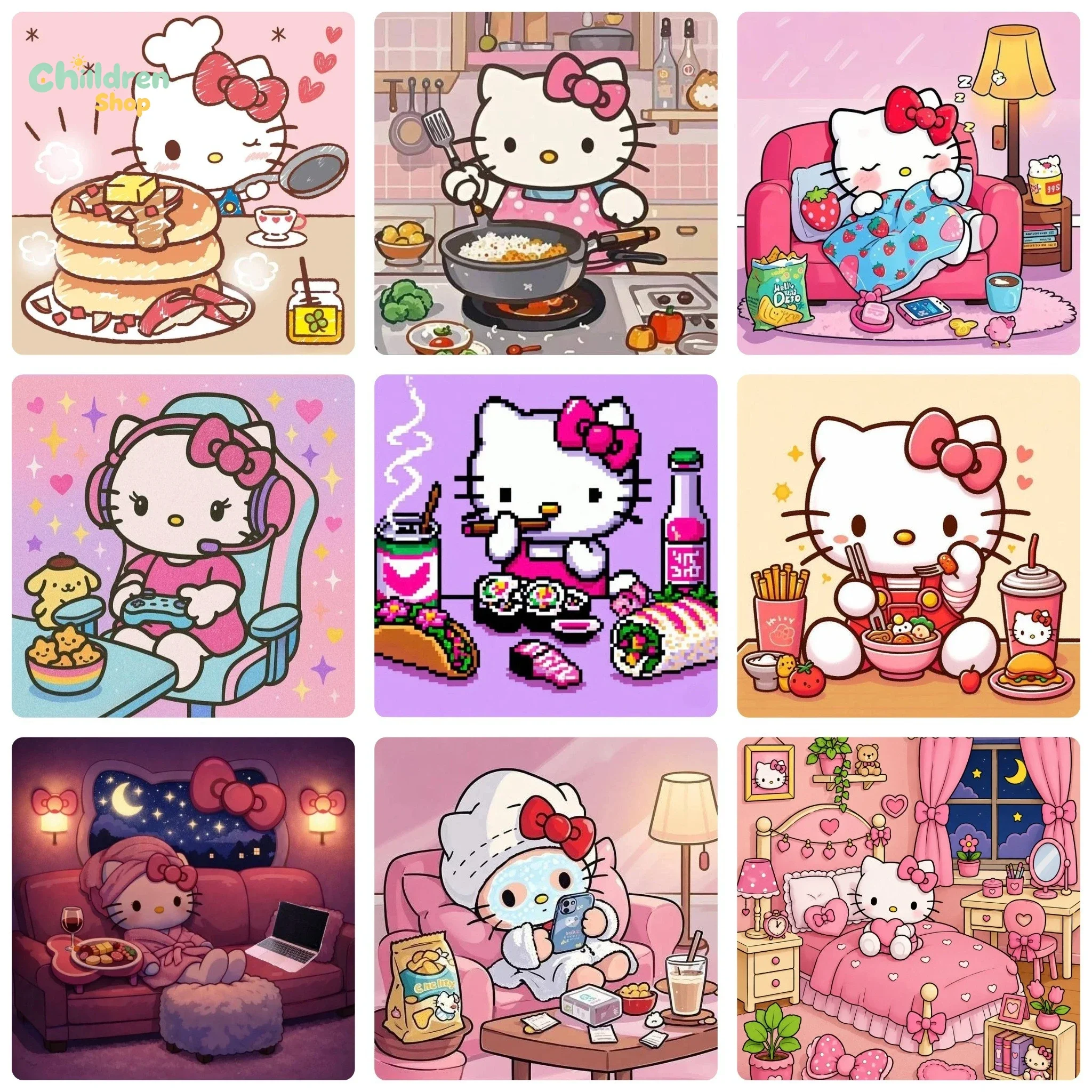 DIY 5D Diamantmalerei, Hello Kitty Alltag Gemütliches Zuhause Kunst, Hobby-Bastelset für die Wanddekoration zu Hause, Ideales Geschenk für Kunstliebhaber