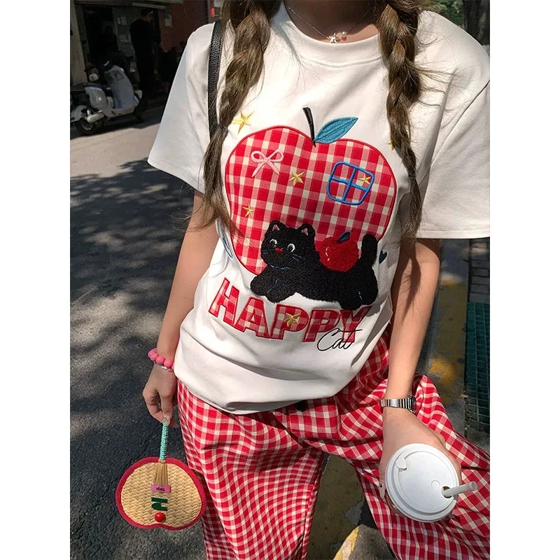 

NZNB Американская футболка с вышивкой в стиле ретро, женская свободная летняя футболка, повседневный летний топ с креативным принтом для поездок на работу