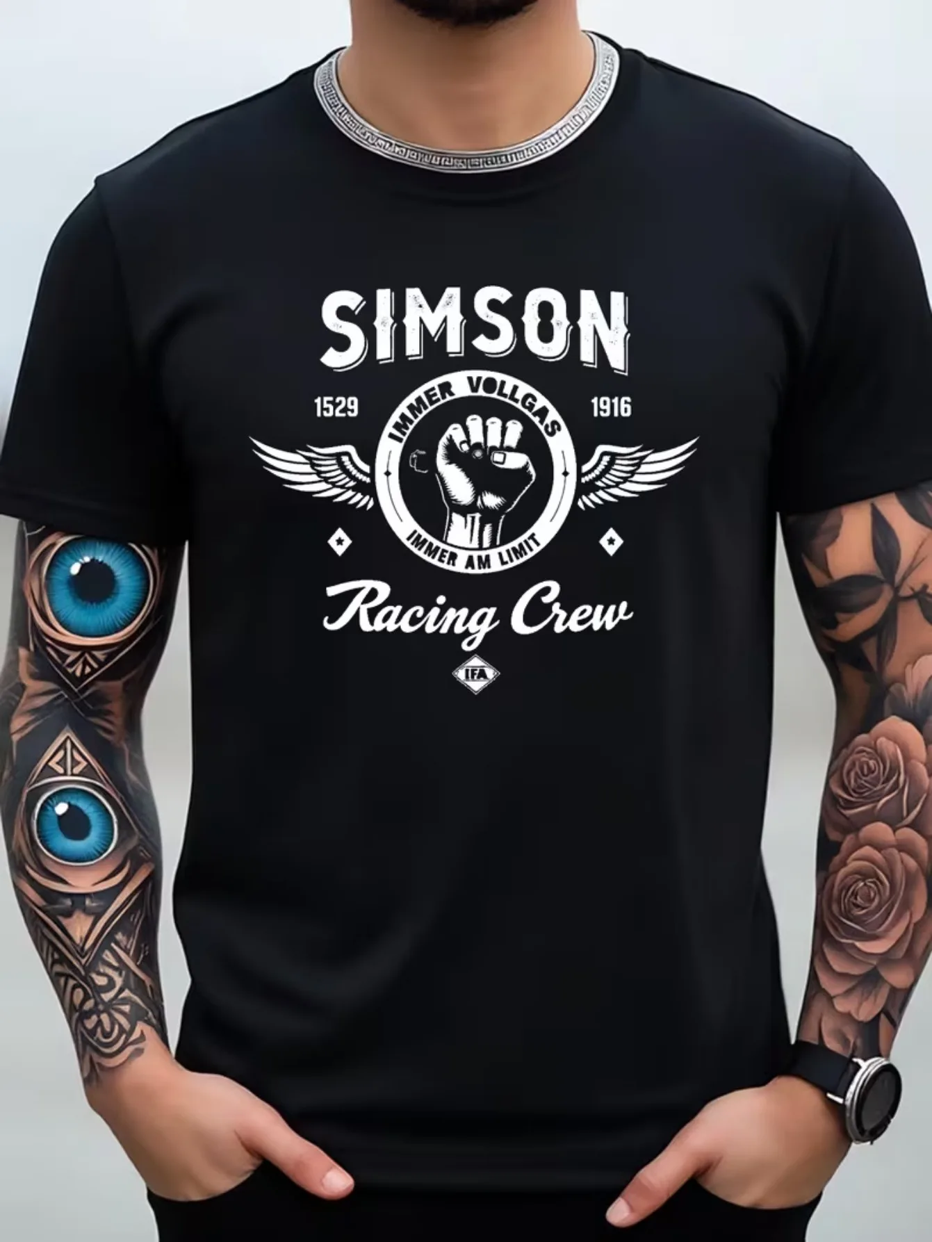 Men'S Print T-Shirt Simson Racing Crew Motorcycle Logo Retro Motorcycle Style Hardcore Knight Style Wings And Fist Elements Casu