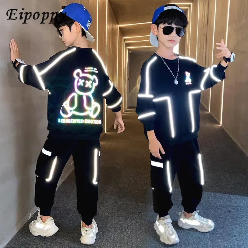 Sweater and Jogger Sweatpants Outfits Children Reflective Bear Pullover Pants Suits Kids Loungewear