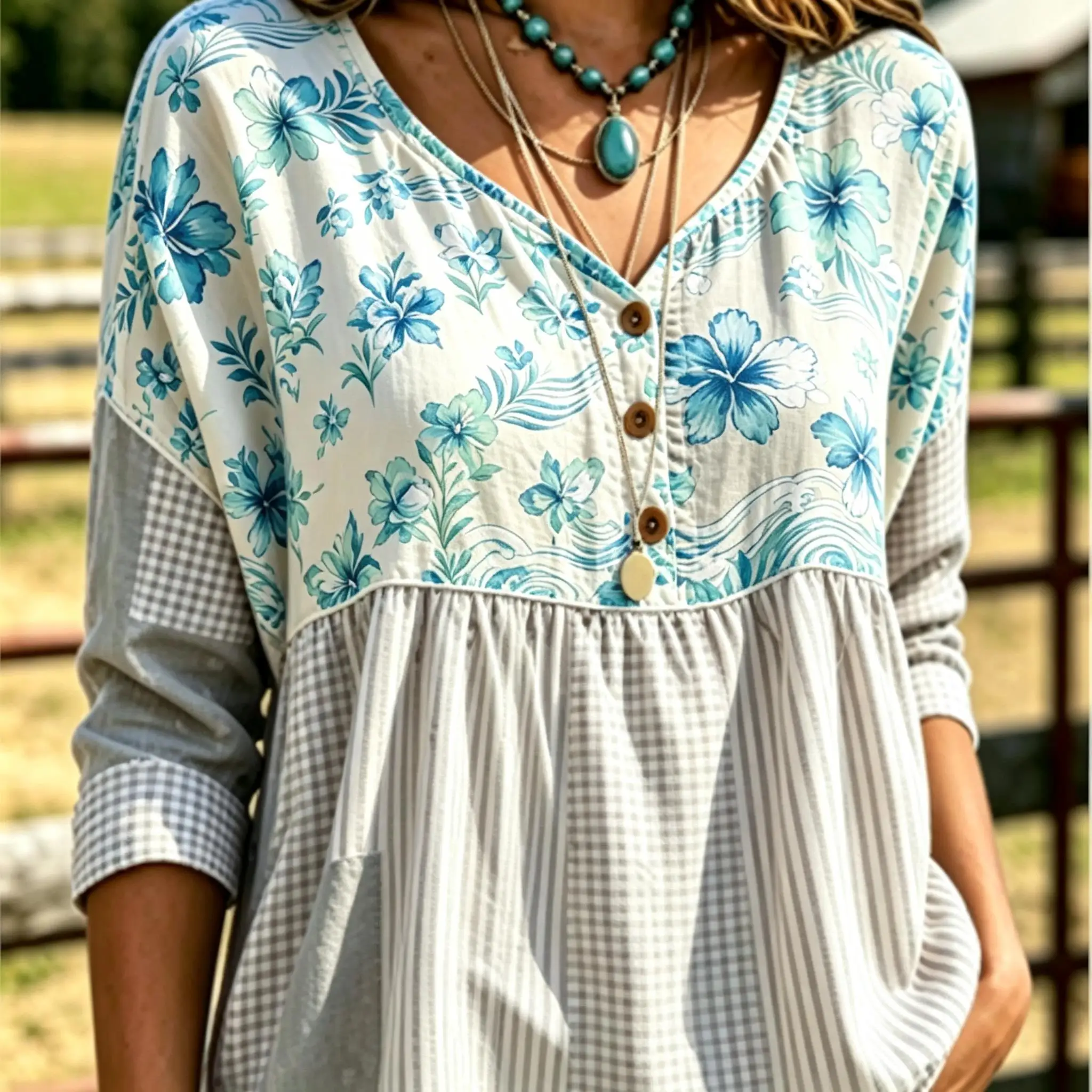 Babydoll Feminina Estilo Minimalista Casual Azul Flores Azuis Fundo Marinho Manchas Laranjas Listras Marroquinas Decote V