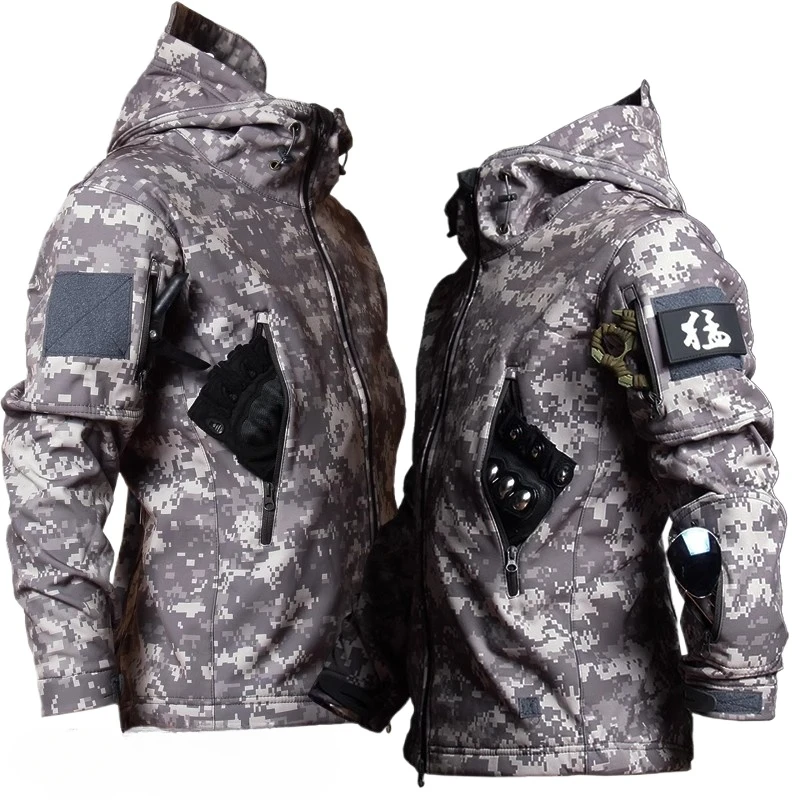 Camo Warm Training Set Mens Soft Shell Waterproof Fleece Hooded Jacket+Multi Pocket Tactical Overalls 2-pcs Hiking Suits Winter