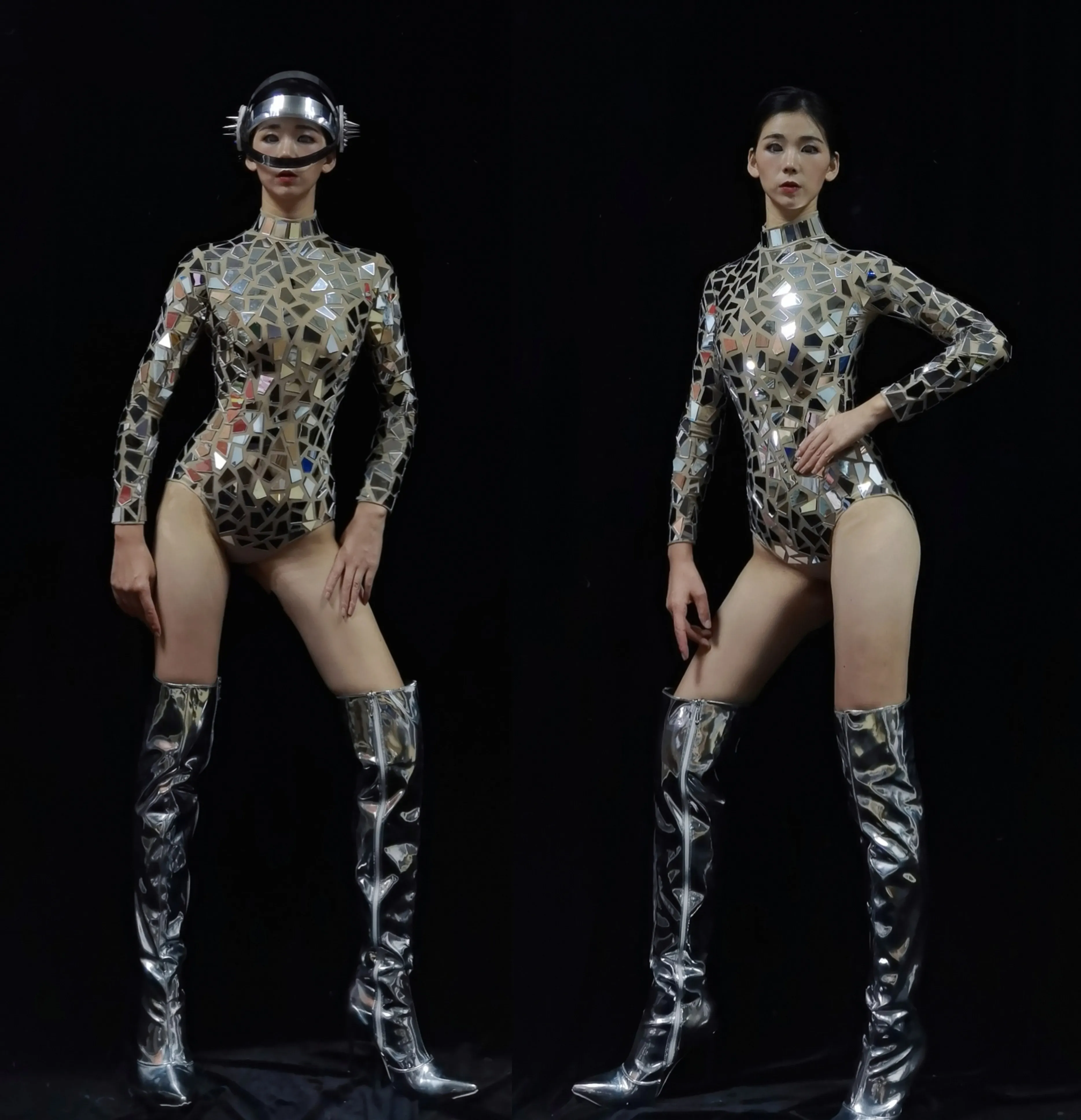 

Sparkly Silver Mirrors Bodysuit Sexy LongSleeves Leotard Gogo Stage PerformanceDancer Costume Birthday Celebrate