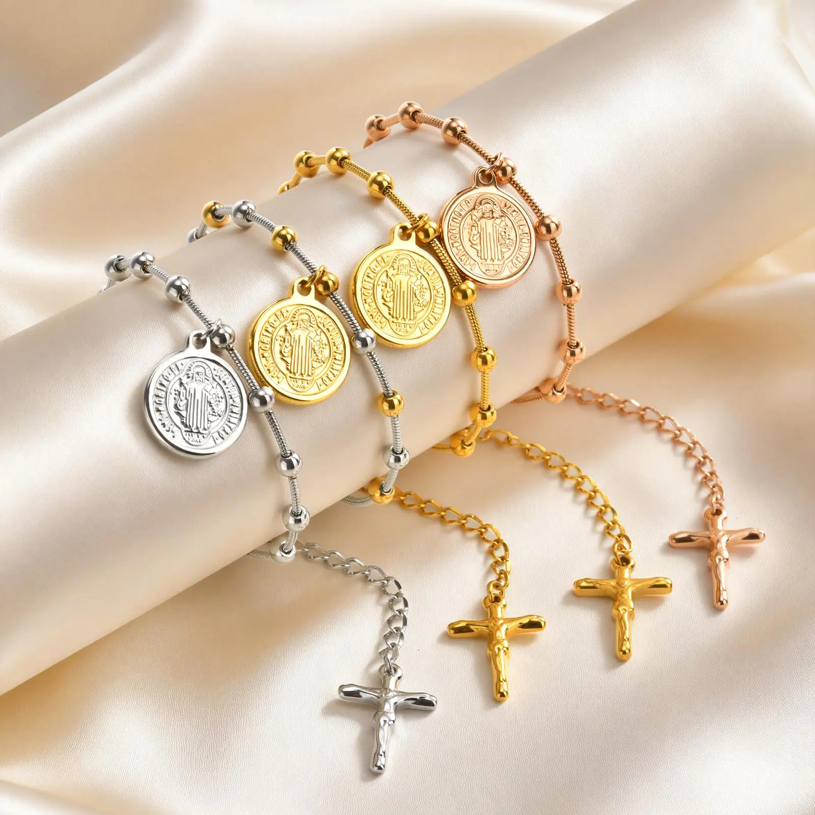 

Vnox Rose Gold Plated Stainless Steel St Benedict Medal Bracelet for Women, Two-color Rosary Cross Beaded Round Snake Bracelets