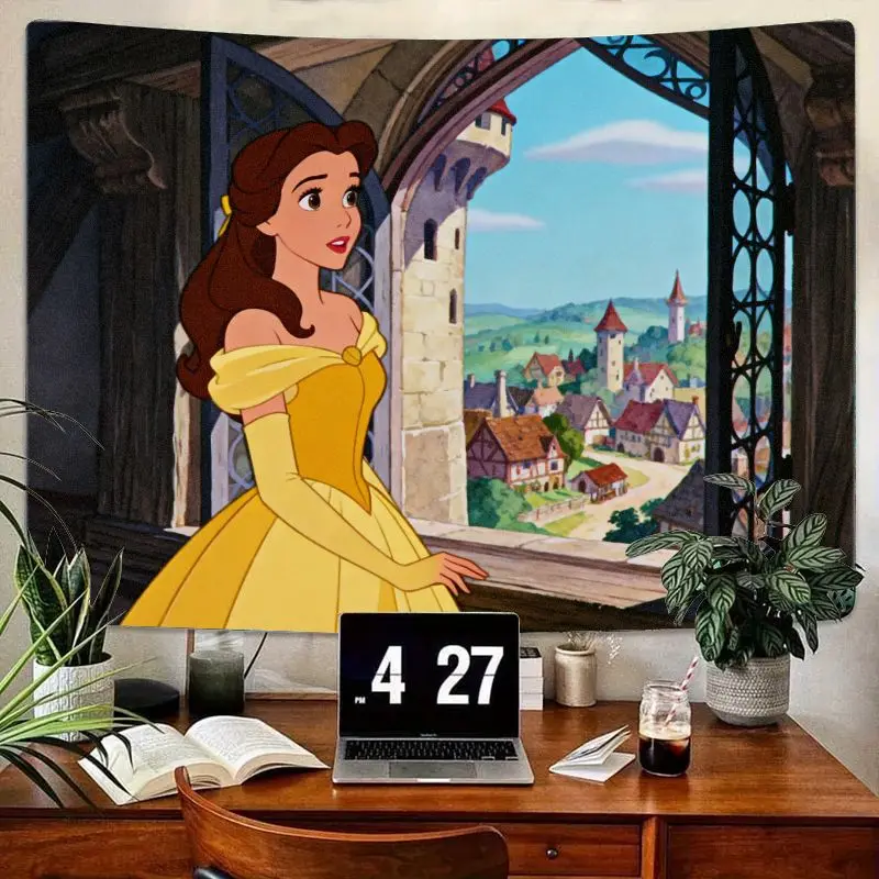 

1 шт., гобелен принцессы Диснея Белль, Красавица и чудовище, сказочное желтое платье, настенное искусство, эстетический декор комнаты из полиэстера, подарок для