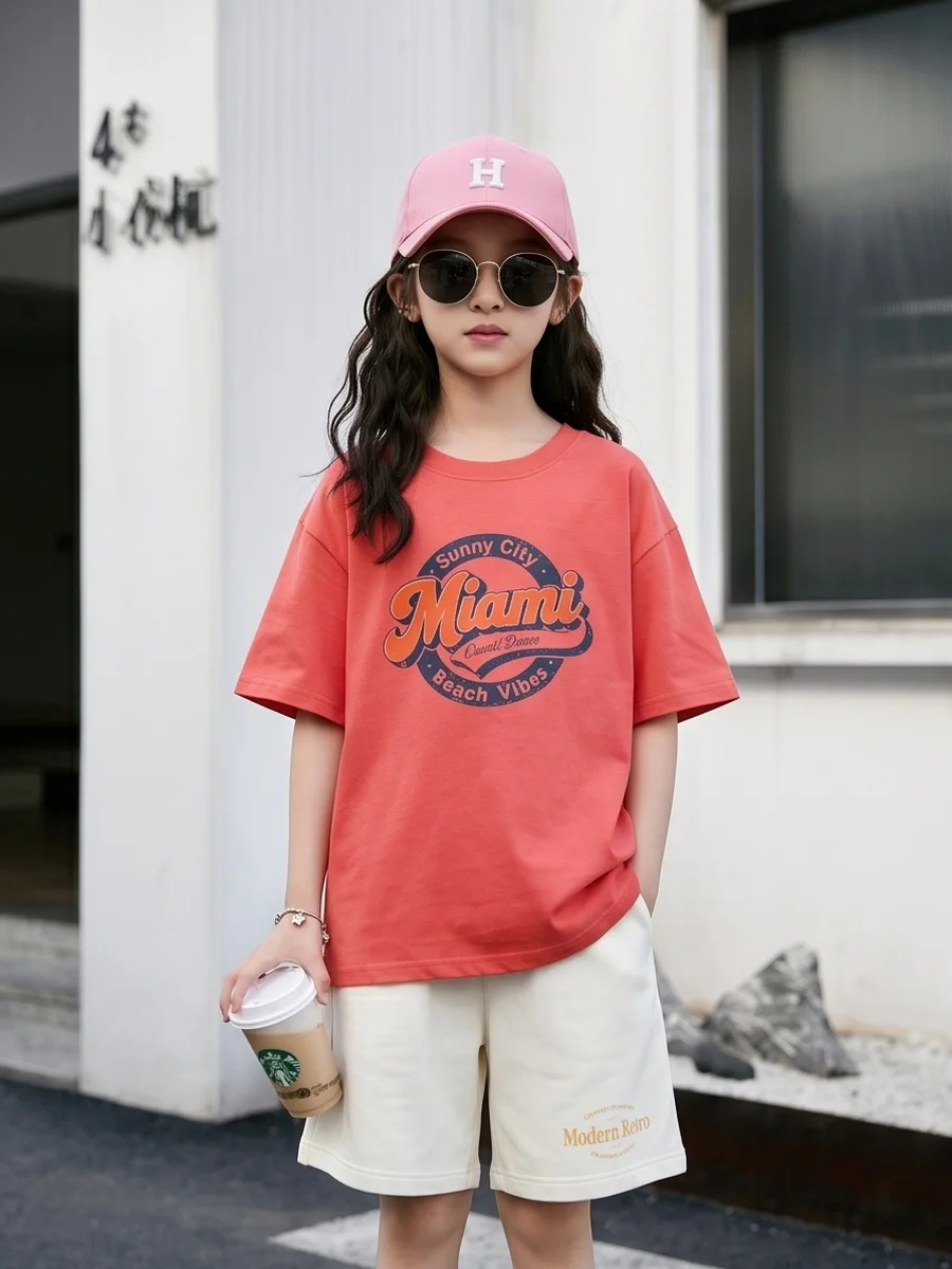 Conjunto de 2 piezas para niñas, chándal de algodón con estampado Vintage de Miami, camiseta informal de manga corta y pantalones cortos, MI2