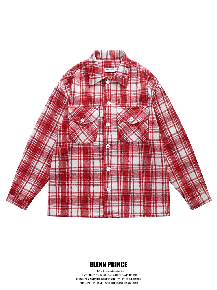 

GPstudio2025 New Trendy Plaid Woolen Shirt Men's Long Sleeve Loose Casual Shirt Coat Youth Popular Cotton Polyester Blend