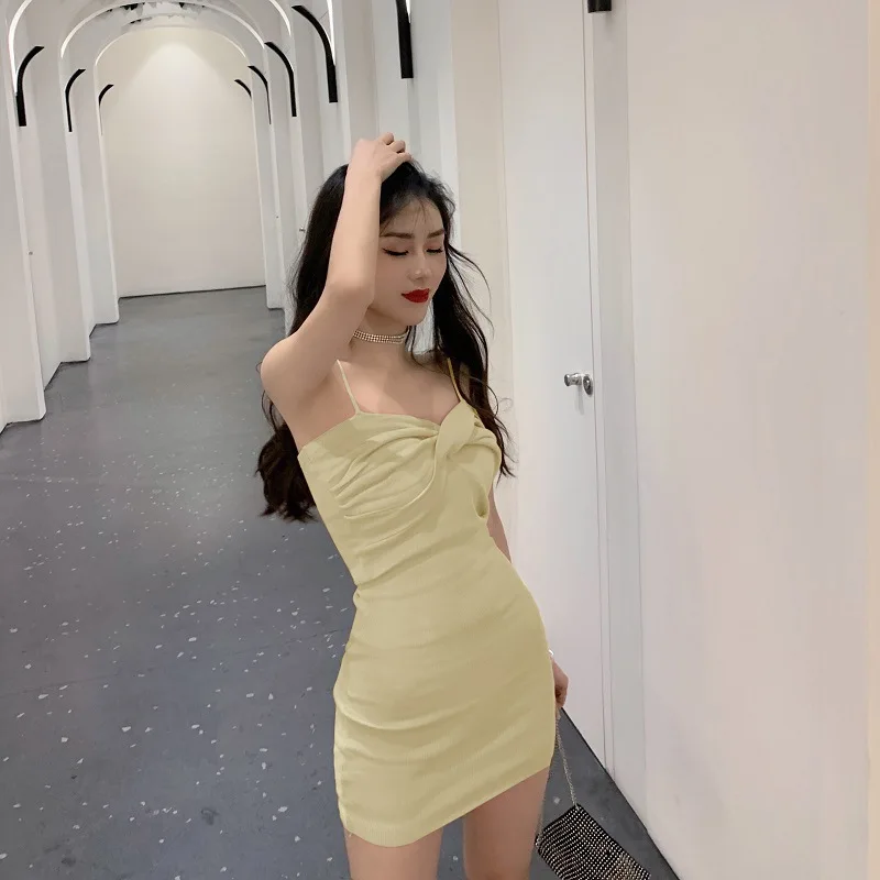 Summer Sexy Mini Dress Women Sleeveless Strap Streetwear Knitting Folds Bodycon Slim Solid Dress Party Elegant A-LINE Dresses