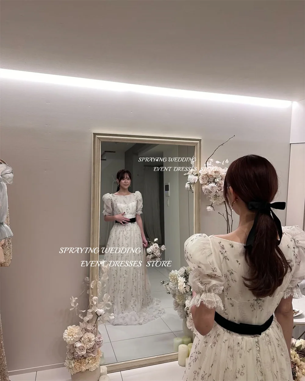 SPRAYING Fairy Floral Print Evening Dress A line O Neck Puff Sleeve Korea Wedding Photo Shoot Dress Corset Long Party Customized