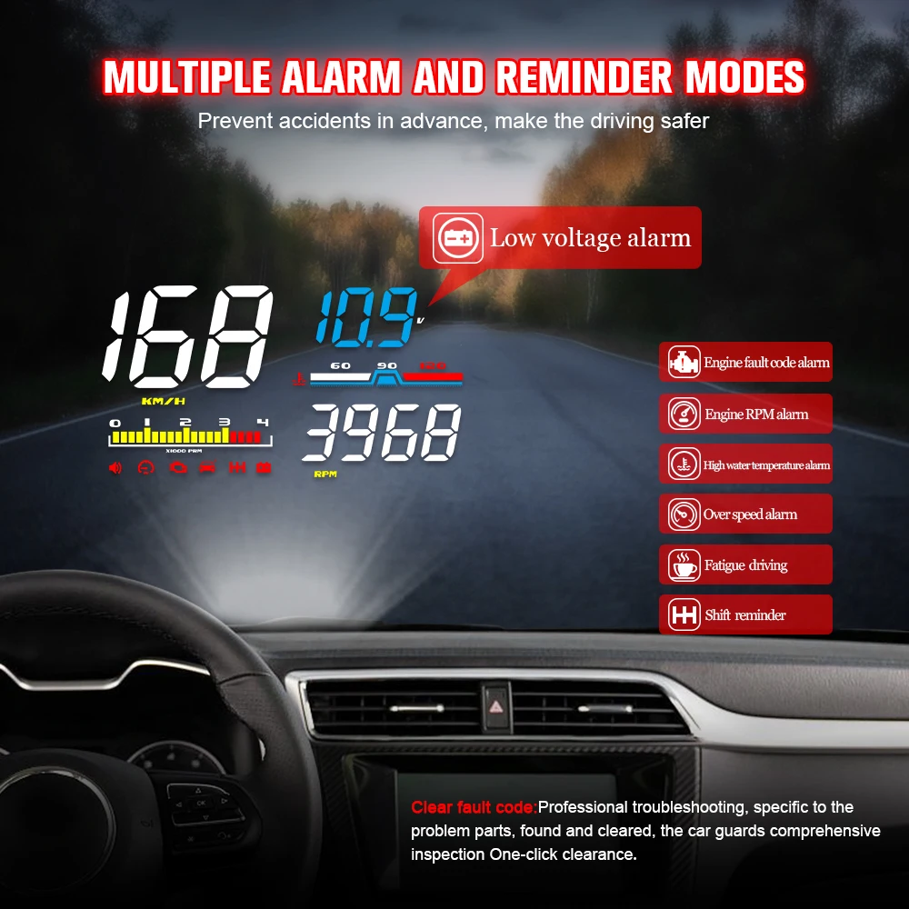 

HUD D5000 OBD2 Head Up Display Car Speedometer Tachometer Windshield Projetor Overspeed Alarm Car Driving Mileage Speed LED