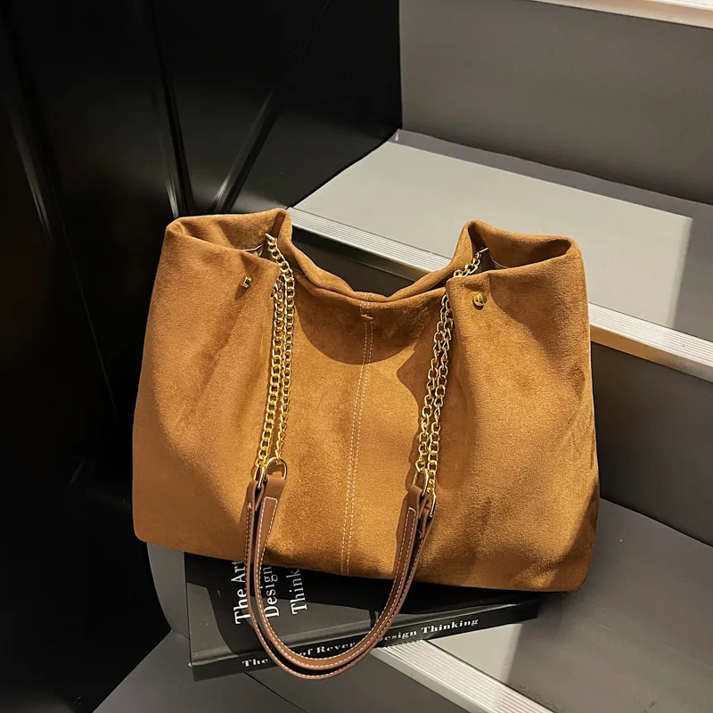 Suede vintage commuter women's chain single-shoulder bag, horizontal square large-capacity tote bag handbag