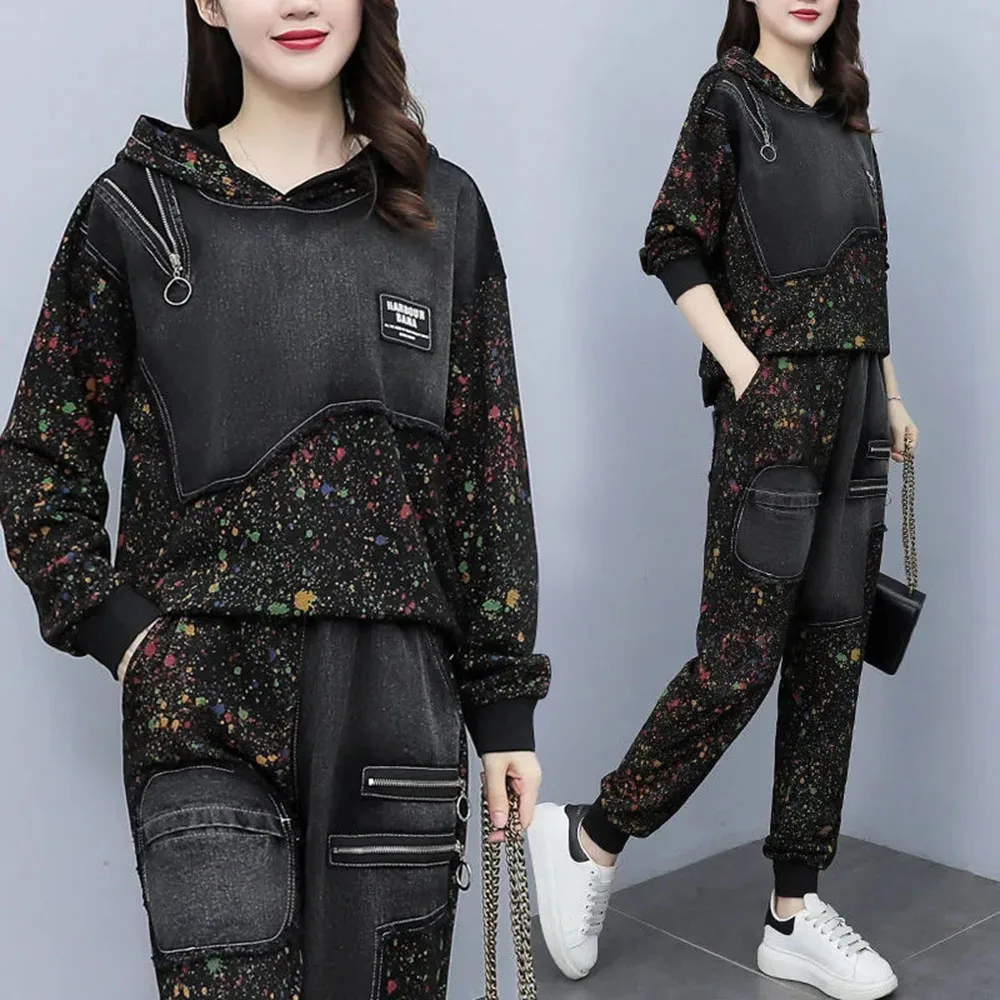 2023 inverno denim pantaloni set moda harem jeans + patchwork con cappuccio manica lunga cappotto top femminile casual streetwear vestito a due pezzi