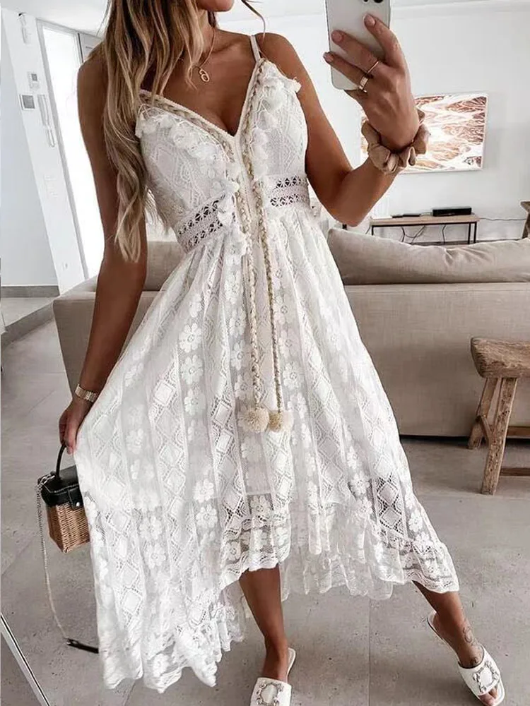 Thanh Lịch Mùa Hè Áo Ren Ngày Lễ Cổ V Spaghetti Dây Sundress Boho Đầm Maxi Trắng Cho Nữ Vestidos De Mujer 22194