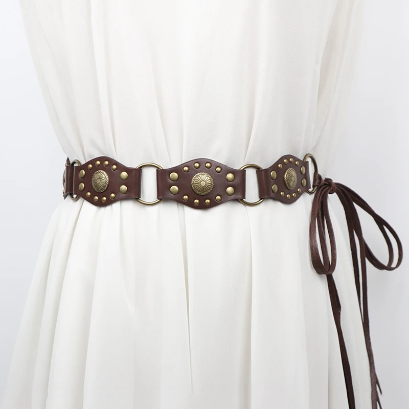 

Богемный винтажный пояс из искусственной кожи в стиле панк с заклепками, бахрома на талии и широкий корсет - унисекс для многослойного платья