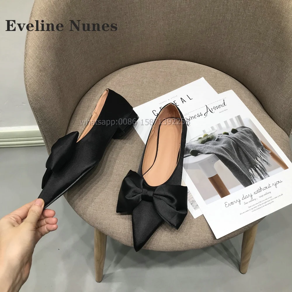 Bow Satin Black Sandals Pointed Toe Flat with Pull On Women Pumps Solid Shallow Rubber Elegant Large Size Shoes Sweet Summer