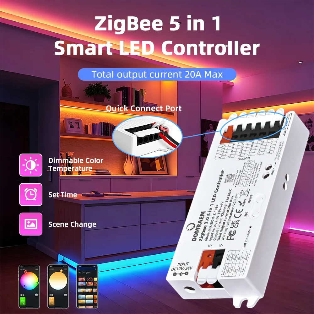 

DOMRAEM Zigbee 3.0 Smart LED Controller DIMMER CCT RGB RGBW RGBCCT 5 in 1 Strips 20A Max Alexa Voice Works with Hu*e Tuya Smart