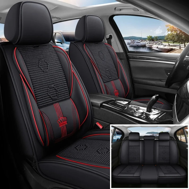 

PU Leather Ice Silk Car Seat Cover, Crown Waist Support Soft Elastic Anti Slip Wear Resistant Easy Installation Fits Most Cars