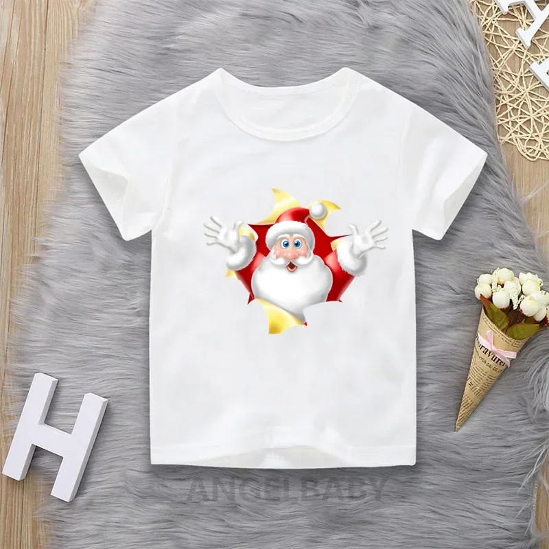 Merry Christmas Santa Cartoon Print Children T-shirts Girls/Boys Funny Baby Clothes Kawaii Kids Short Sleeve Tshirt Gift Present