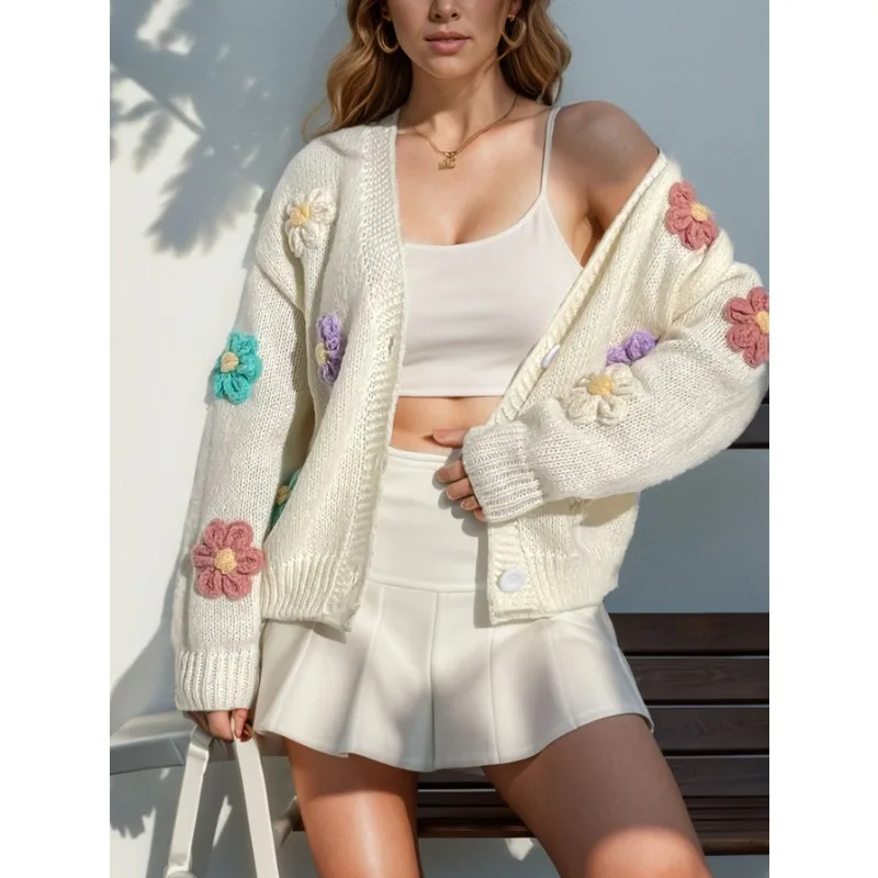 

Sweet Appliques Flowers Embroidery Women Knitted Cardigan Sweater Long Sleeve V-Neck Single Breasted Female Jacket Autumn Winter