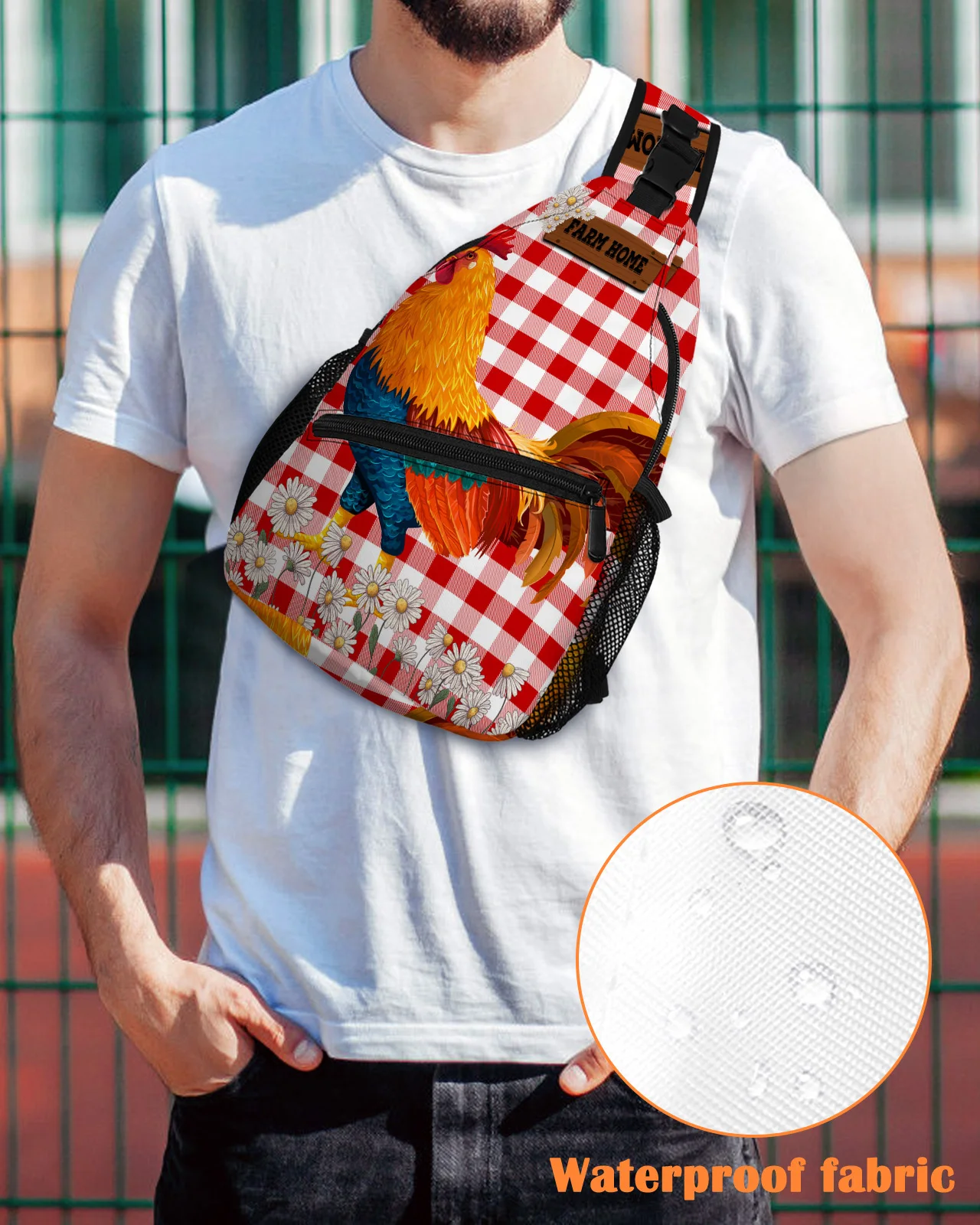 

Red Plaid Daisy Rooster Farm Chest Bag for Men Casual Sports Shoulder Bag Women's Travel Waterproof Messenger Bag